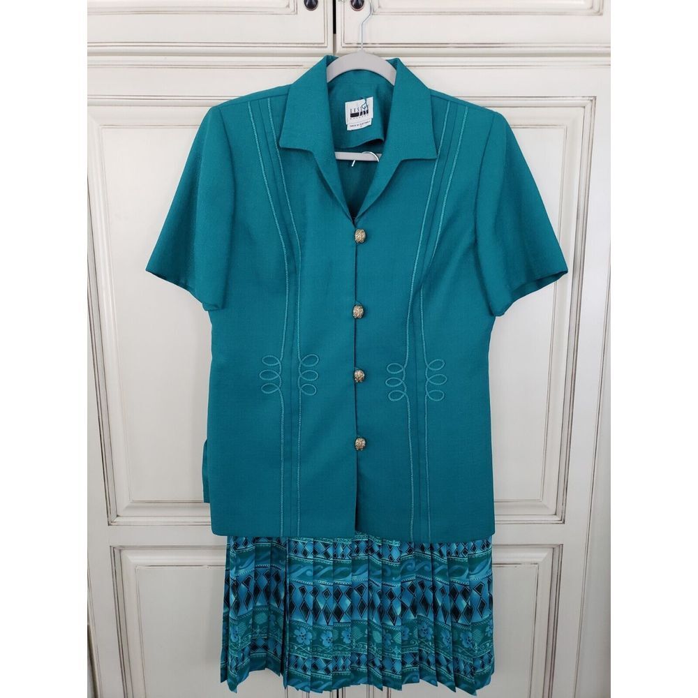 Two Piece Leslie Fay Skirt & Top Pleated Skirt Button Up Top Set‎ Sz 12 Green